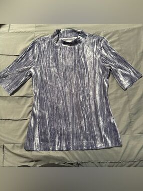 Metallic Mock Neck Long-Sleeve Tee in Silver